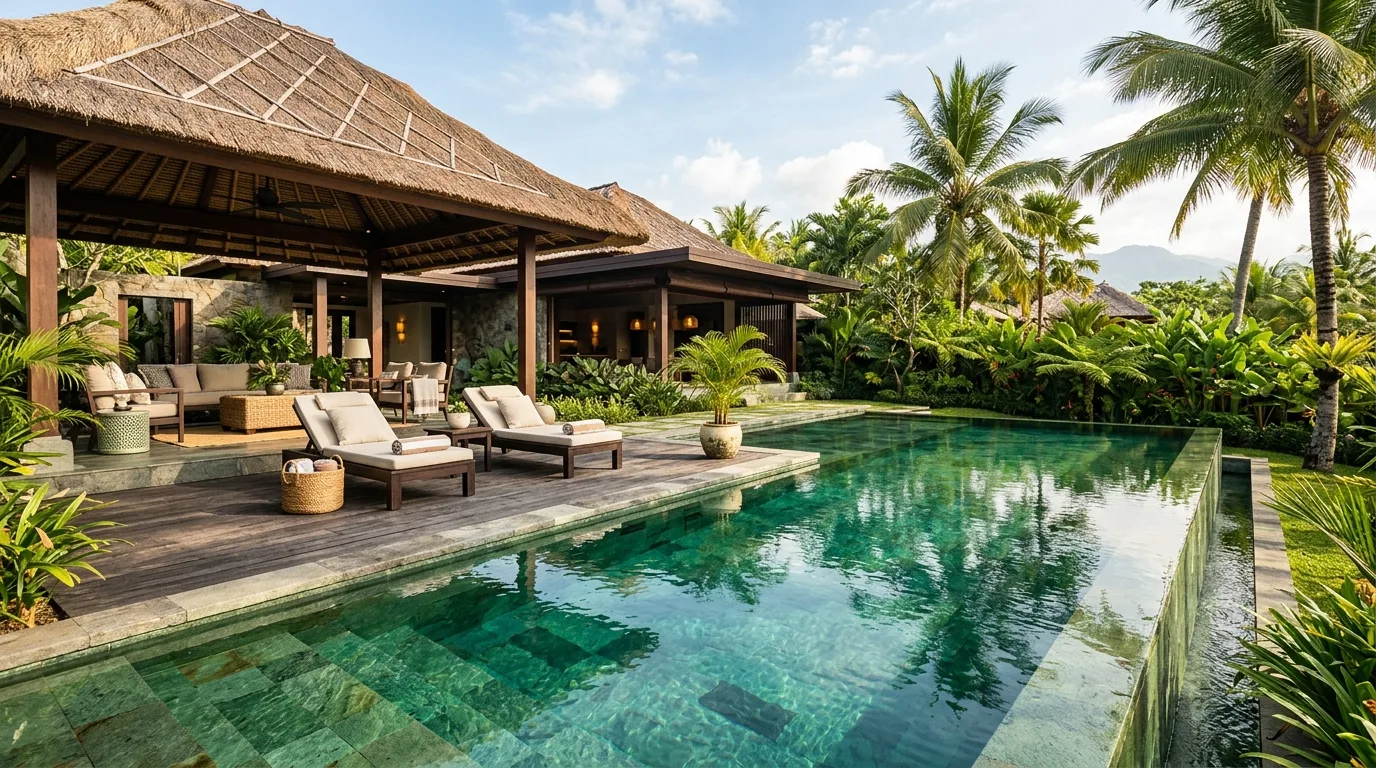 Pool lined with green Hijau Palimanan natural stone tiles