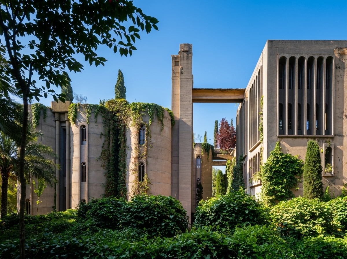 Monumental facade of La Fabrica cement silos covered in lush Mediterranean greenery in Barcelona