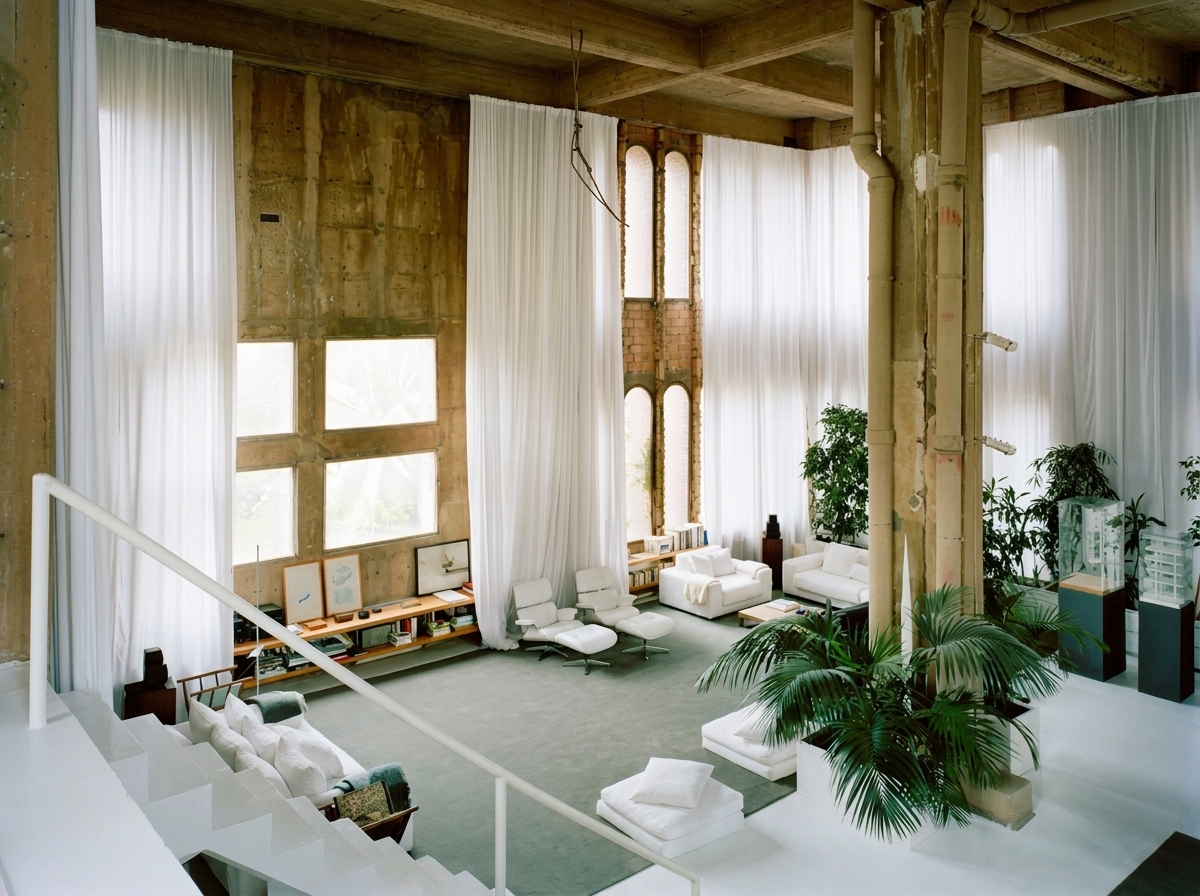 Monumental living room at La Fabrica with double height ceiling, white linen curtains, Eames chairs and indoor plants