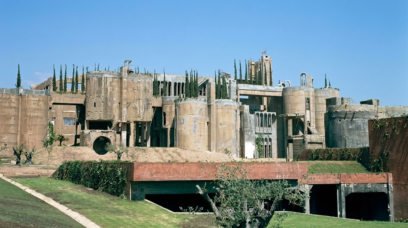 Preserved industrial cement silos integrated with lush green Mediterranean lawns