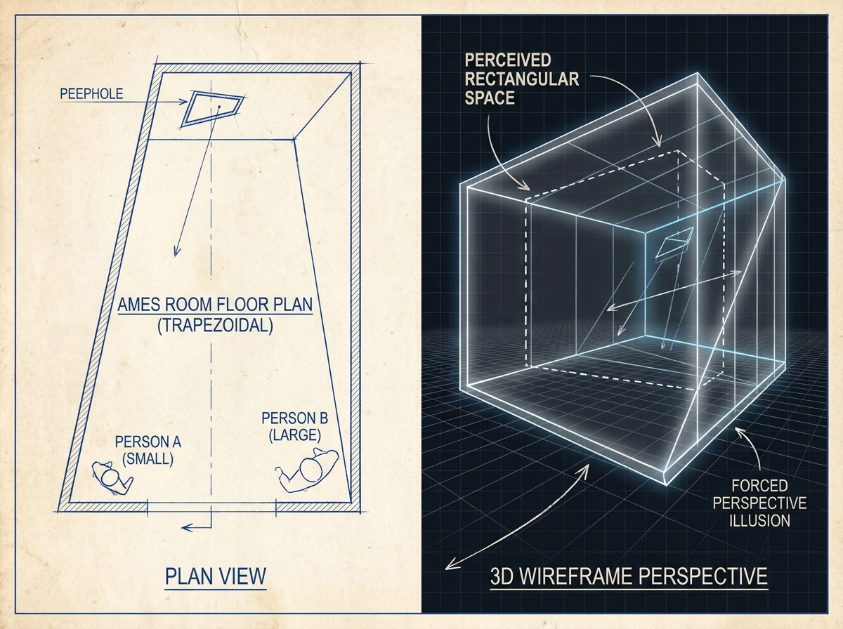 Geometric plan showing the true trapezoidal footprint of the Ames Room from above