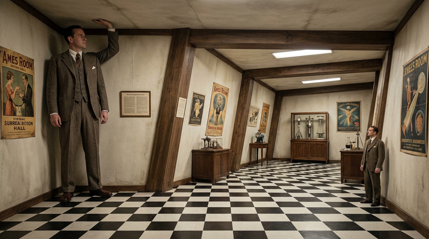Two people of identical heights appearing as a giant and miniature figure inside the Ames Room
