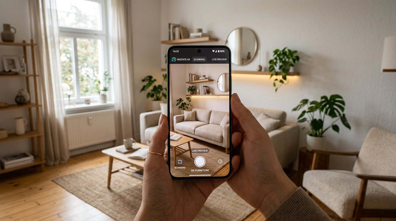 Celular simulando decoração e disposição de móveis em sala de estar pequena