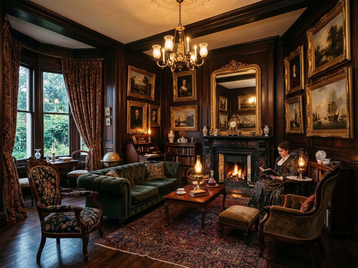 Elegant Victorian living room with framed oil paintings on deep brown walls