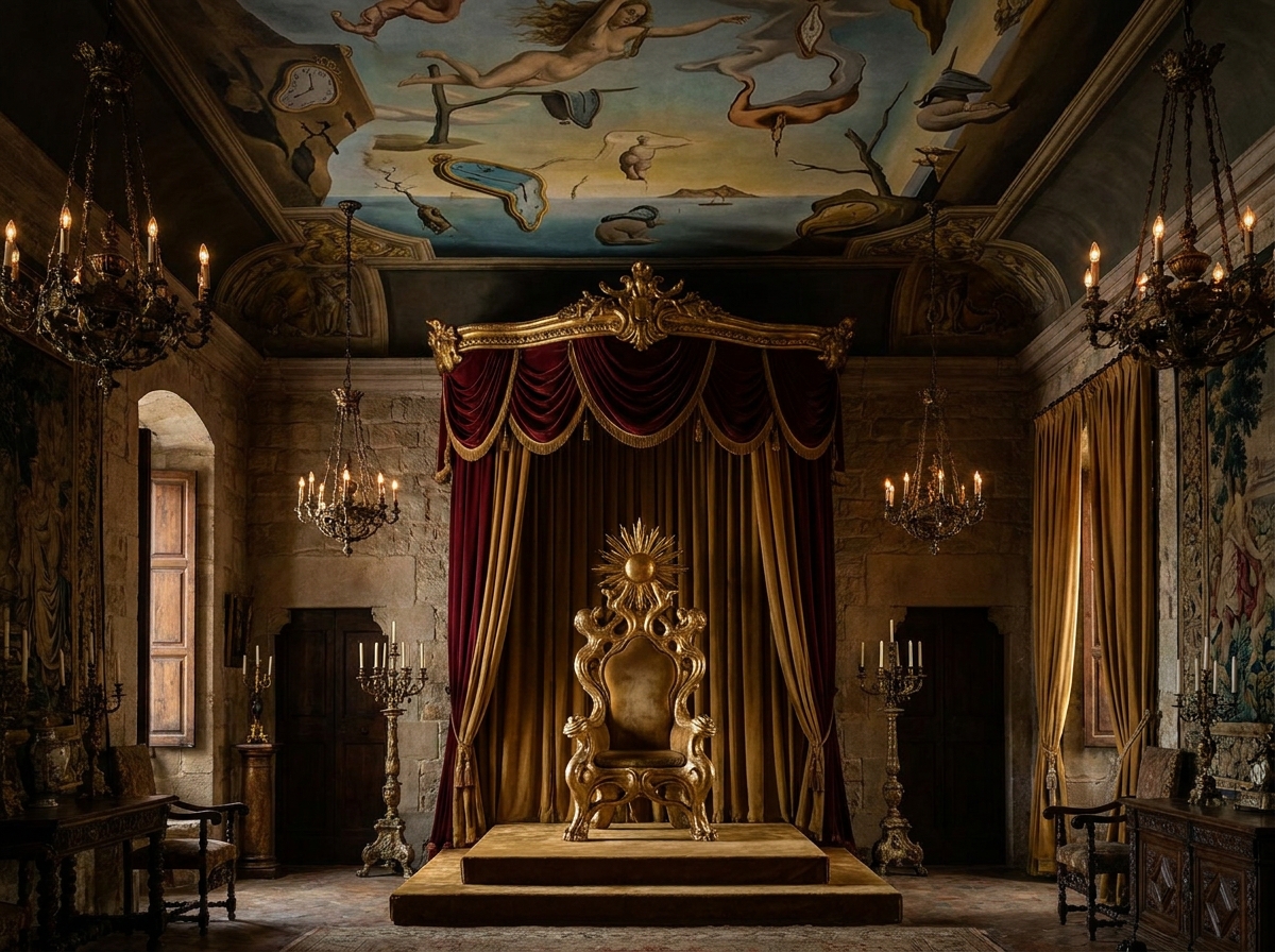 O interior surrealista do Castelo de Púbol com o trono dourado projetado por Dalí para Gala