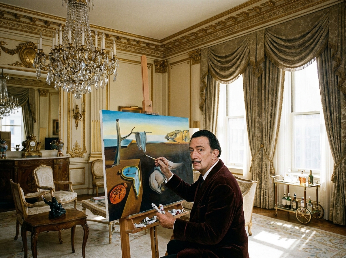 Salvador Dalí pintando em sua luxuosa suíte no Hotel St Regis cercado por móveis clássicos