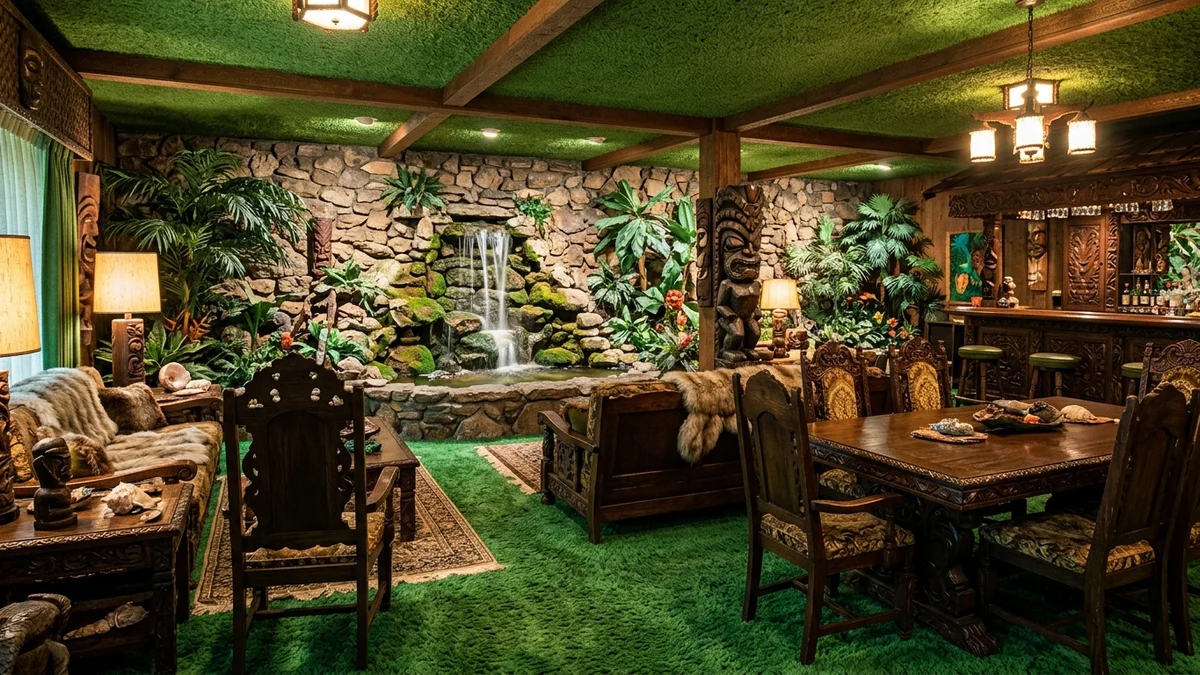 A emblemática Jungle Room de Graceland com carpete verde no piso e teto, cascata de pedra e móveis entalhados