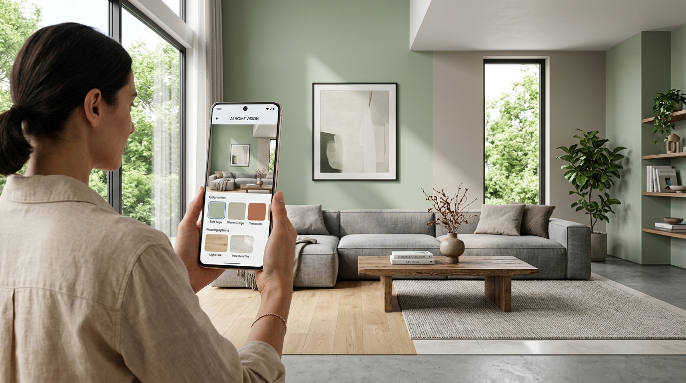 Smartphone simulation of sage green wall paint and natural wood vinyl flooring