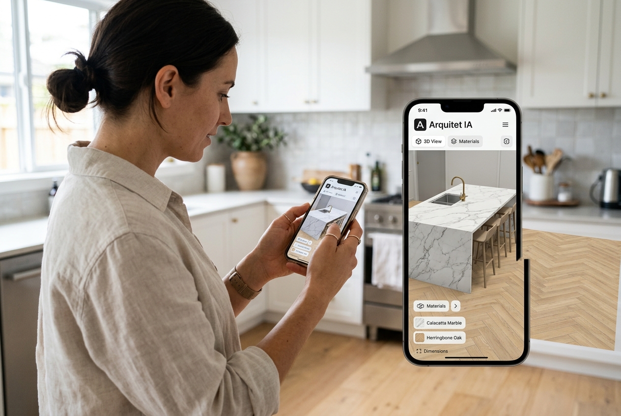 3D visualization of marble waterfall island and herringbone wood flooring in open plan kitchen