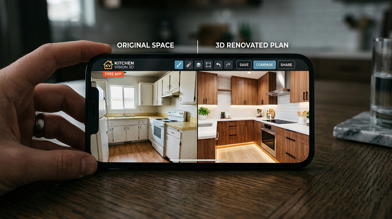 Smartphone displaying free 3D custom kitchen simulator with before and after comparison of cabinetry and quartz countertop