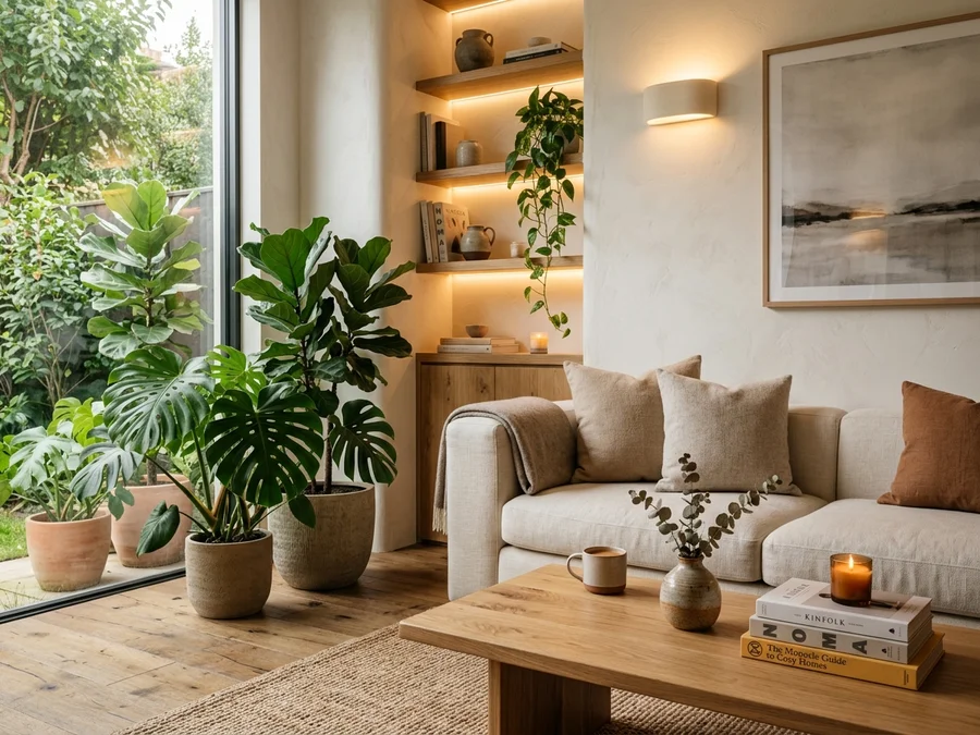 Sala de estar moderna e aconchegante com sofá creme, mesa de centro de madeira e plantas decorativas