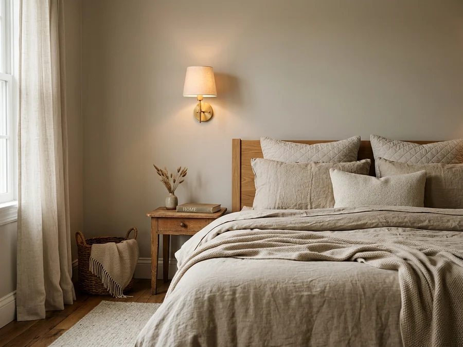 Quarto aconchegante decorado com pintura neutra suave, iluminação quente de arandela e roupa de cama de linho bege