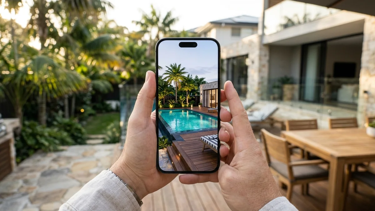 AI smartphone simulation of backyard swimming pool, timber deck, and tropical plants