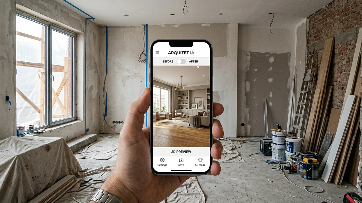 Pessoa segurando celular com o simulador de reforma de casa exibindo projeto 3D de sala moderna sobre cômodo em obras