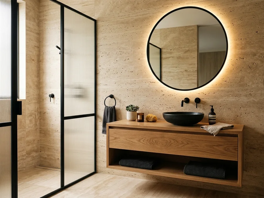 Banheiro estilo spa reformado com revestimento em travertino bege, bancada suspensa e espelho redondo com iluminação LED
