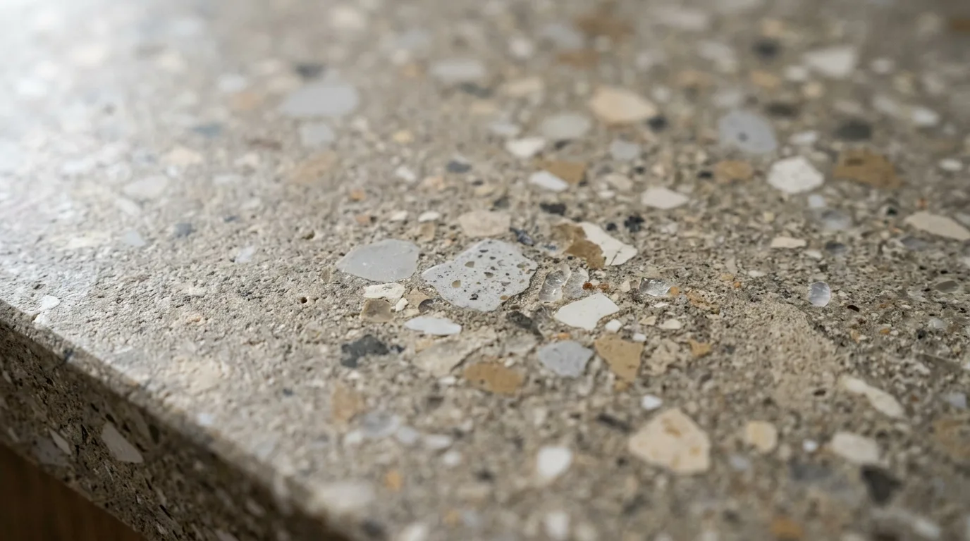 Detalhe aproximado de textura de bancada sustentável feita de minerais reciclados e acabamento fosco