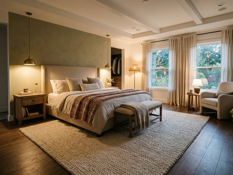 Master bedroom with wool area rug correctly positioned beneath the bed and nightstands