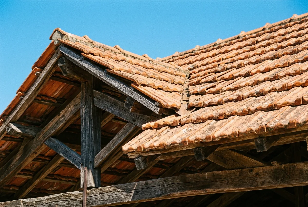 Detailed view of traditional pitched roof with terracotta tiles and exposed hardwood eaves