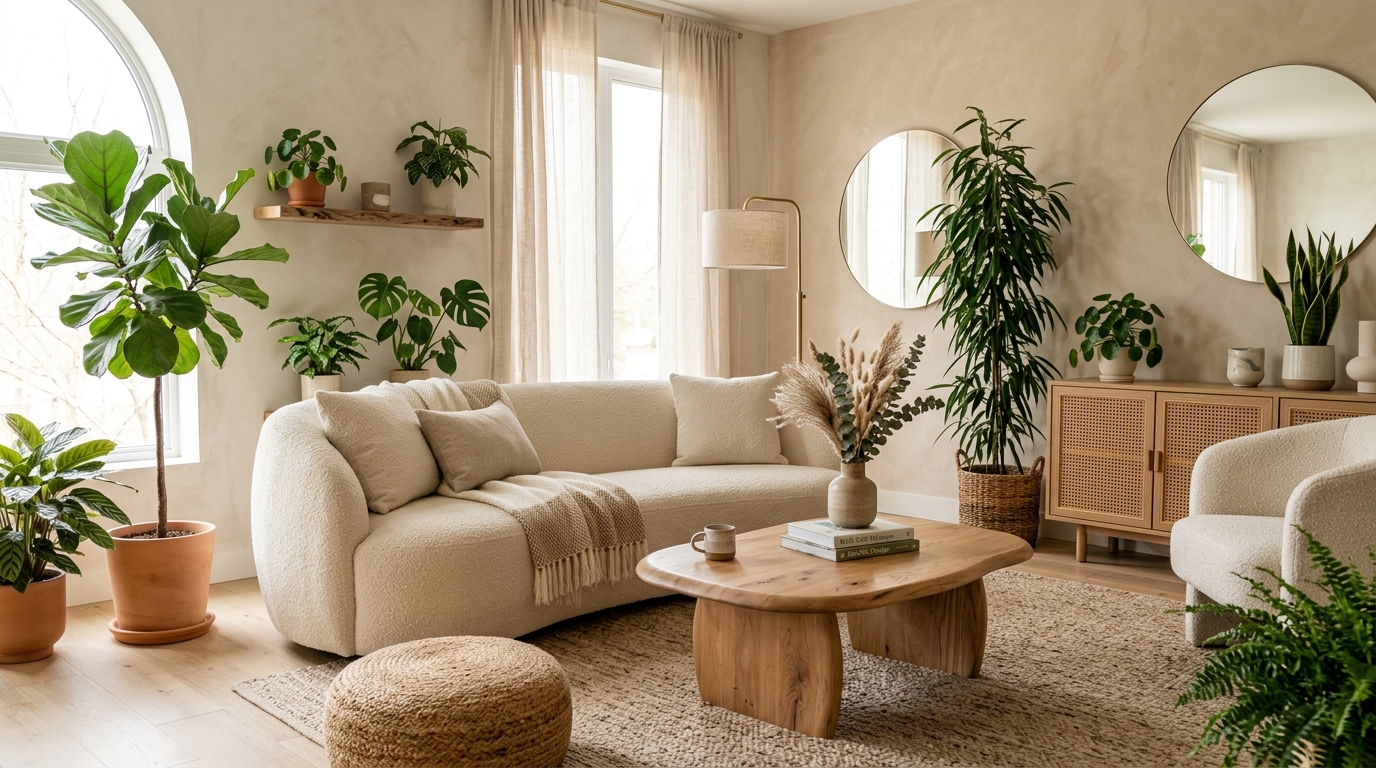 Sala moderna com sofá curvo bouclé bege, mesa de madeira orgânica arredondada e plantas biofílicas