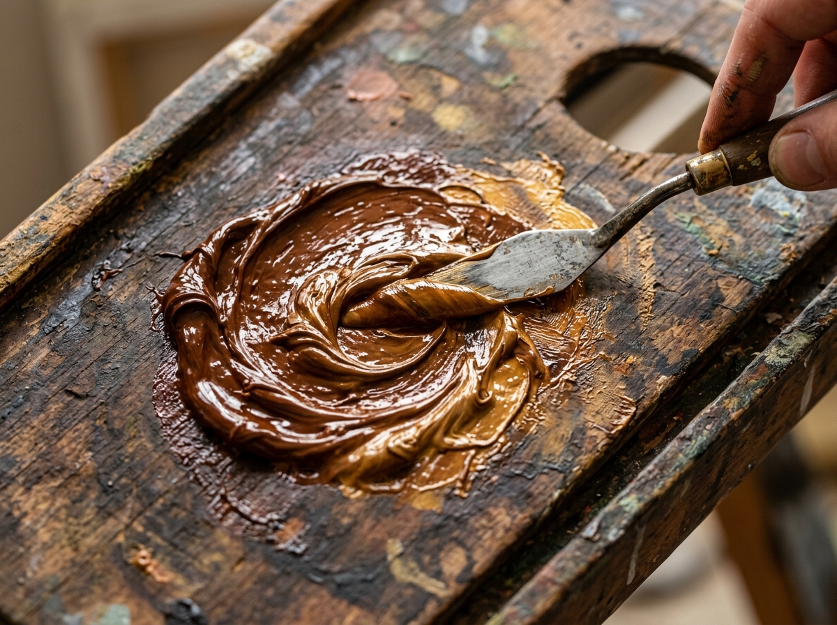 Texture of warm brown oil paint being mixed on a wooden palette