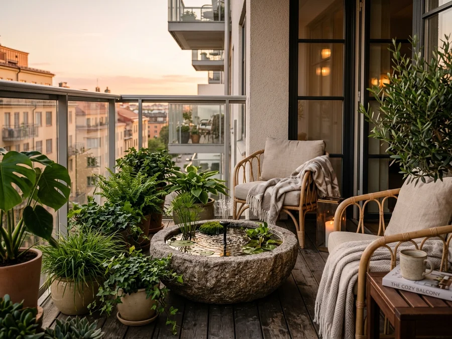 Cozy apartment balcony at golden hour with a stone container pond featuring a solar fountain pump