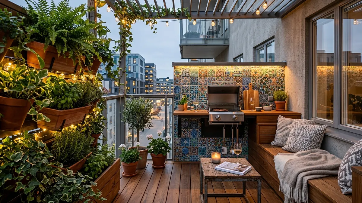 Balcón gourmet pequeño decorado con parrilla ecológica, pared de mosaico y jardín vertical