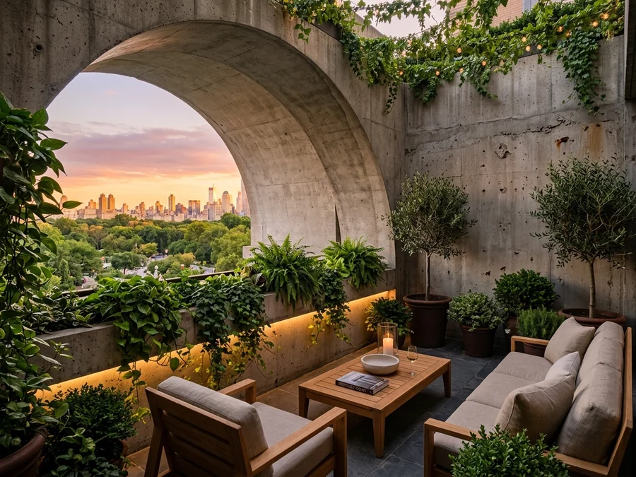 Varanda de apartamento residencial construída em arco de concreto brutalista com plantas verdes e móveis de madeira