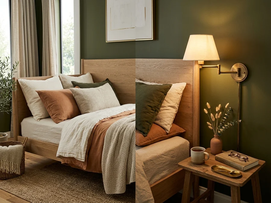 Olive green accent wall with light oak headboard, warm reading light and linen cushions