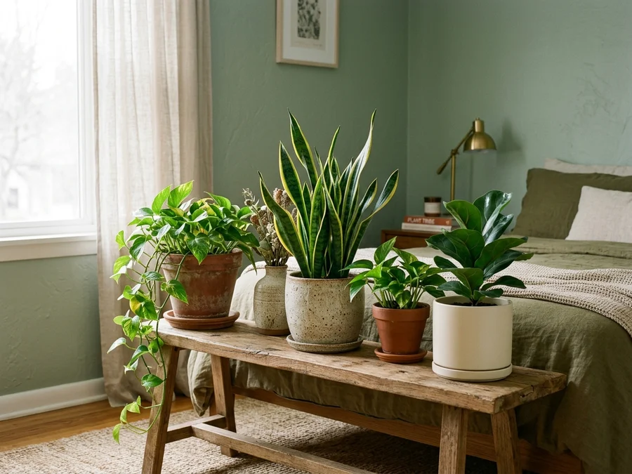 Indoor air purifying plants in terracotta pots on wooden bench in sage green bedroom