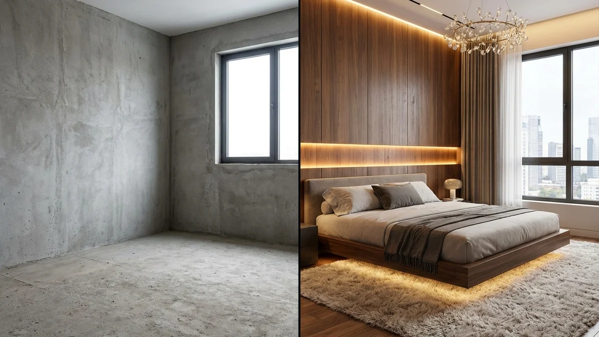 Comparativo antes e depois mostrando um apartamento vazio transformado em sala decorada de luxo com Virtual Staging por Inteligência Artificial