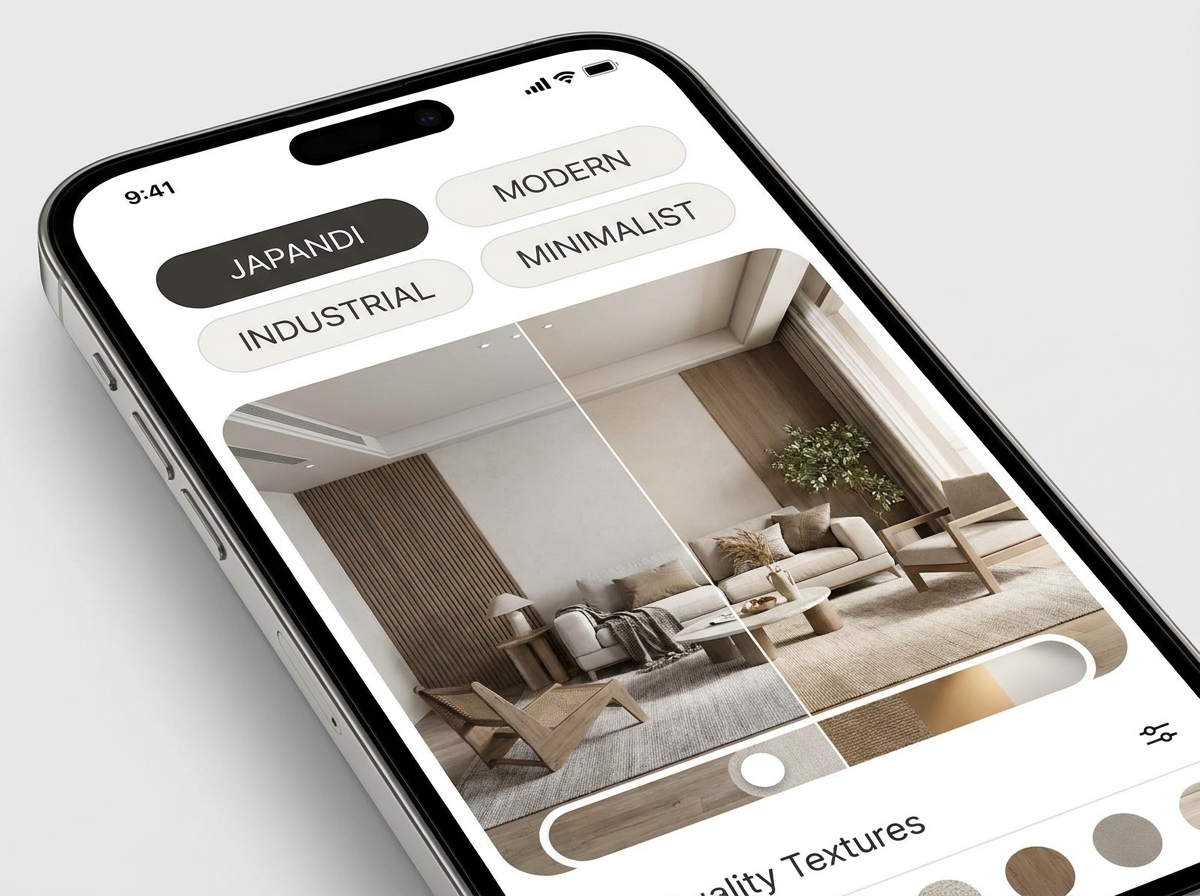 Smartphone displaying interior design app with 3D simulation of renovated living room in real time