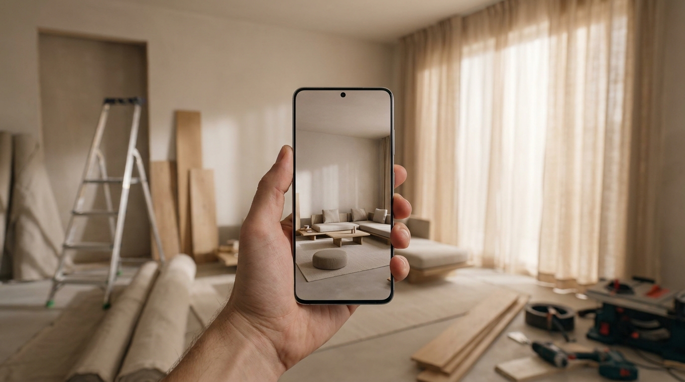 Person holding smartphone and viewing 3D simulated living room renovation with Arquitet IA app